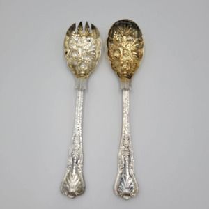 William Adams Sheffield England Lot Of 2 Serving Set Spoons Gold Wash